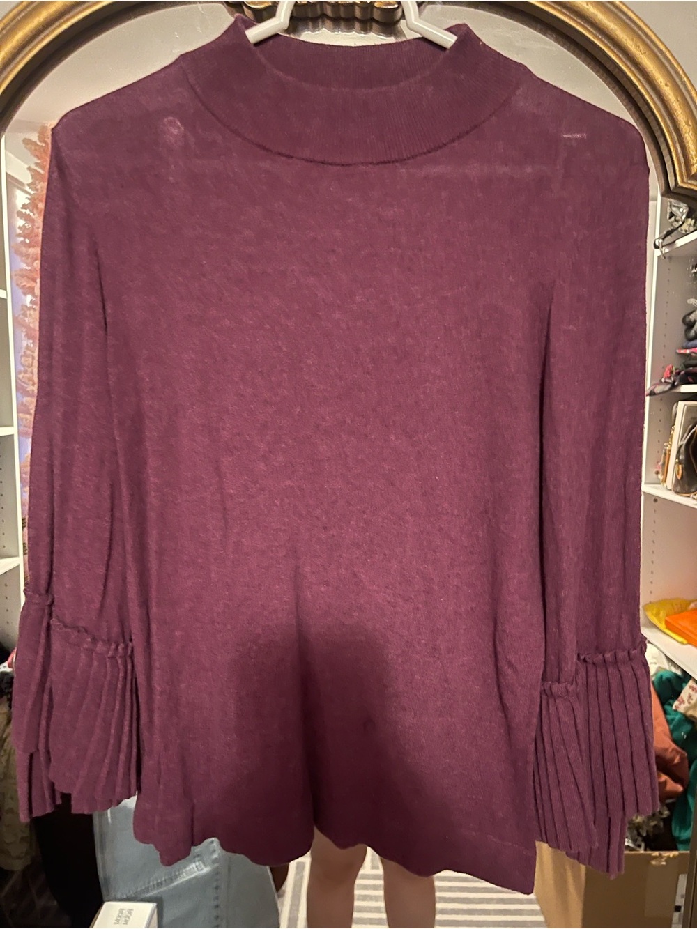 LOFT Plum Mock Neck Top with Pleated Bell Sleeves